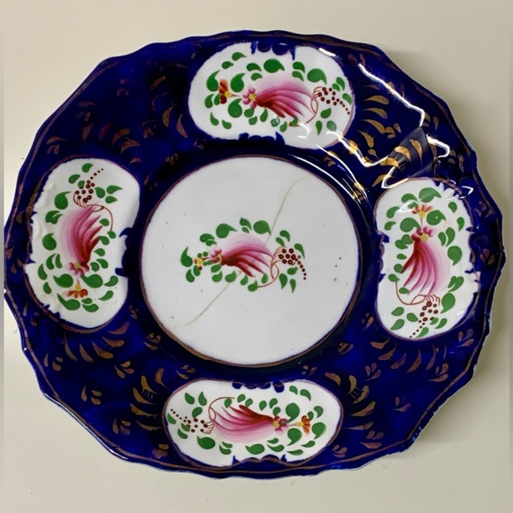 19th Century Vintage Gaudy Welsh Feather Pattern Square Scalloped Plate - Picture 7 of 11